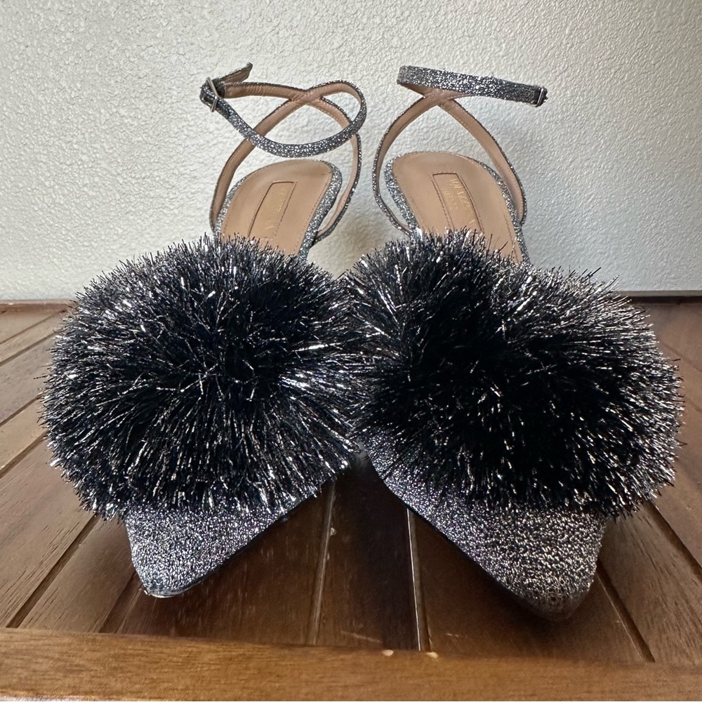Aquazzura Firenze Silver Sparkly Metallic Powder Puff Slingback 38.5 - Picture 4 of 16